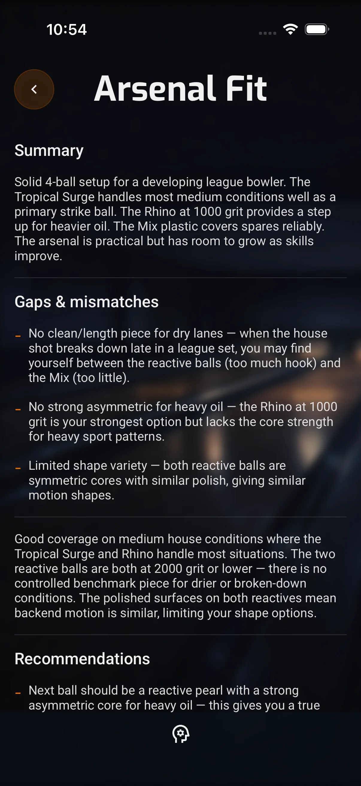 Arsenal fit analysis screen