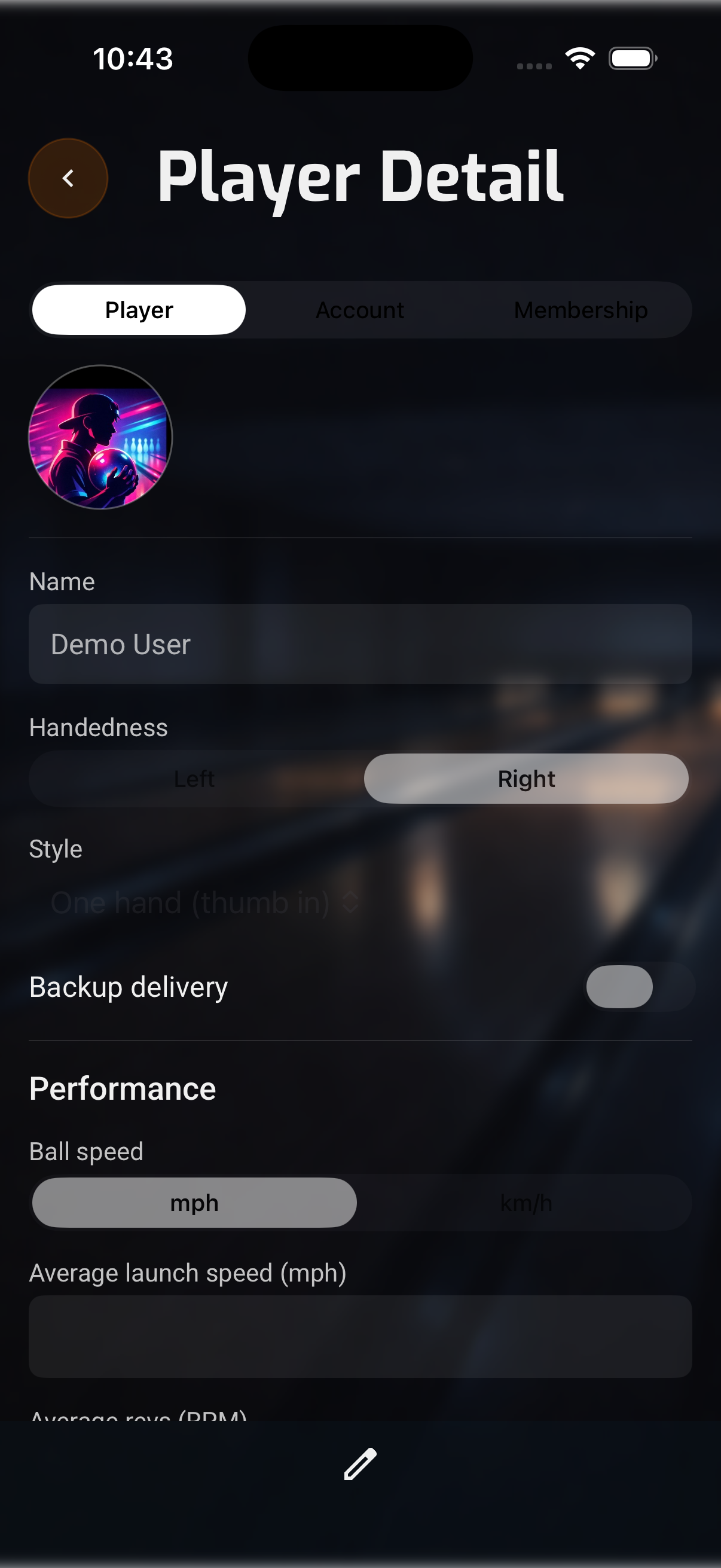 Player profile screen